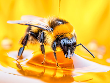 Close-up of a bumblebee on a pool of glistening honey.の素材