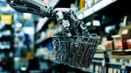 arm Autonomous robot shopping for metal parts using a metal cart in the aisles of a store.の素材