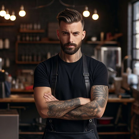 Confident tattooed man with beard, wearing black apron in a trendy cafe setting.の素材
