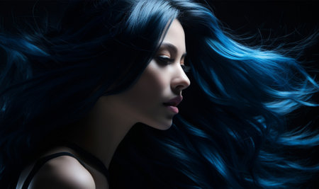Mysterious woman with wind-swept, deep blue hair in profile view.の素材
