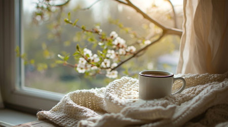 Mug of hot coffee on a knitted blanket beside a window with spring blossoms.の素材