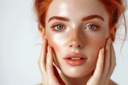 Close-up of a red-haired woman with freckles touching her face. Cosmetology, beauty and spa concept.の素材
