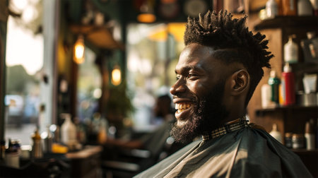 Cheerful African man enjoying grooming session at a barber shop.の素材