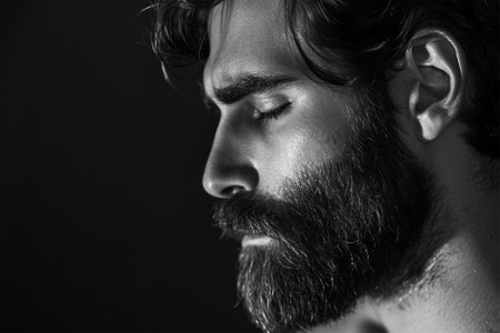 Close-up of a bearded mans profile in black and white.の素材