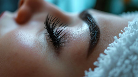 Detailed Eyelash Extension. Close-up of an extended eyelash on a closed eye.の素材