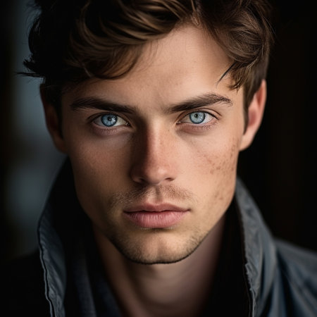 Close-up of a man with striking blue eyes and freckles, indoors.の素材