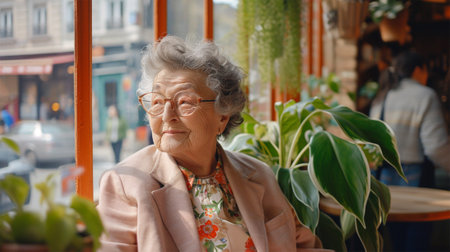 Serene elderly lady with glasses looking out a sunny window, surrounded by plants.の素材
