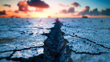 A deep fissure in the dry earth with a blurred sunset horizon in the background.の素材