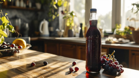 Sunny kitchen with homemade wine and fresh grapes on a wooden table.の素材