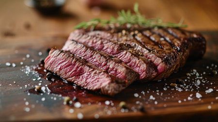 Perfectly grilled steak sliced and seasoned on a rustic wooden board.の素材