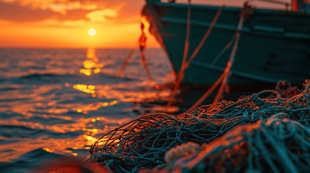 Fishing nets in focus with a boat at sunset on the sea.の素材
