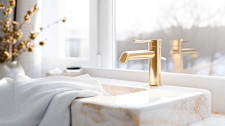 marble sink with golden faucet in white bathroom, light from large window, white towels . Modern bathroom interior with golden faucet and white marble sink.の素材