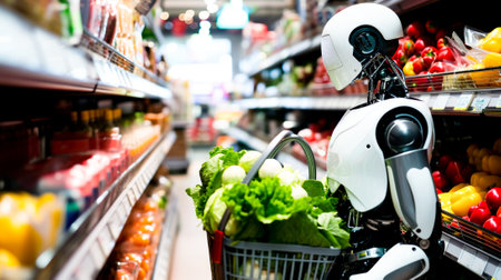 Robotic Shopping Assistant in Grocery Aisle. A robot with a shopping basket navigating a grocery store aisle.の素材