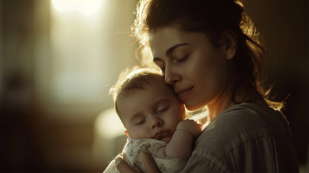 Maternal Embrace at Dawn. A tender moment as a mother cradles her sleeping baby in the soft morning light.の素材