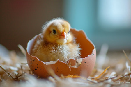 A tiny chick nestled within a broken eggshell.の素材