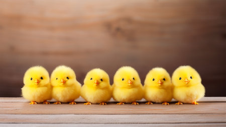 Adorable chickens lined up on a wooden board. copy spaceの素材