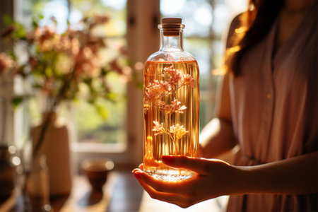 Sunlit Botanical Infused Oil in Glass Bottle. High quality photoA woman displays a bottle filled with herbal aroma oil with flowers, flooded with natural light.の素材