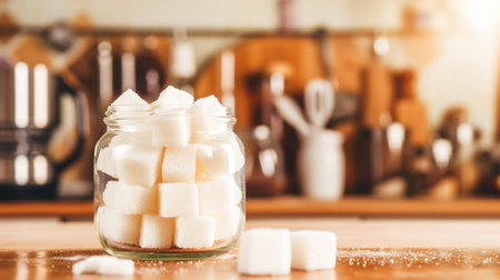 cubes of white sugar in a glass jar on the table against the background of a blurred image of the kitchen --arの素材