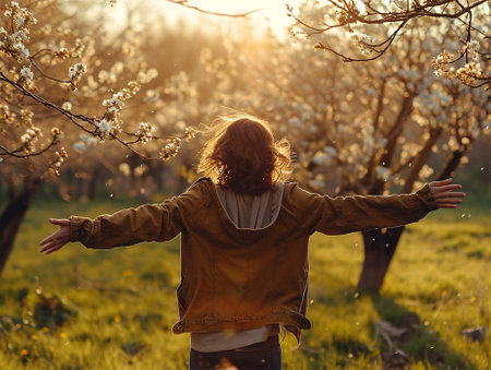 Person with arms outstretched enjoying a blossoming orchard at sunset.の素材