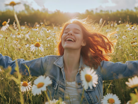 Radiant young woman laughing joyfully in a sunlit field.の素材