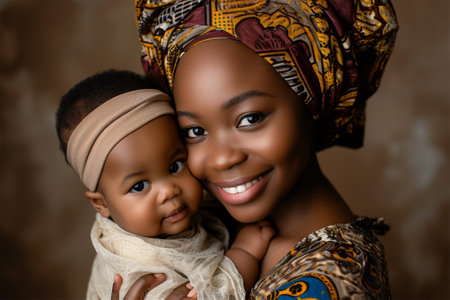 A smiling African American mother in colorful clothing holds her baby in a loving embrace.の素材