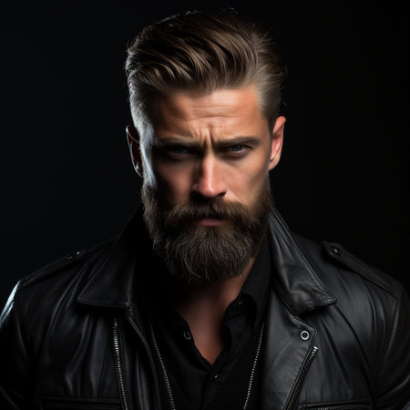 beautiful haircut of a 30 year old man in a black jacket and beard ,Intense portrait of a bearded man with a stylish hairdo wearing a leather jacket.の素材