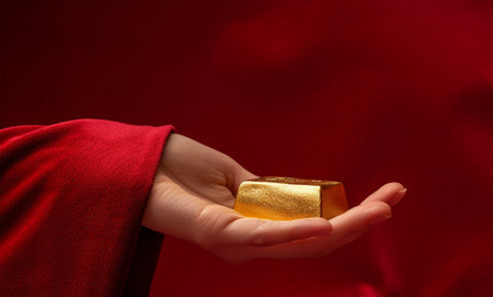Gold ingot on the hand of a chic velvet redの素材