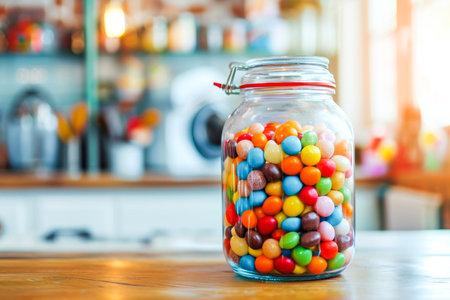 sweets in a glass jar on the table against the background of a blurred image of the kitchenの素材