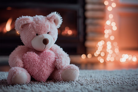 Plush pink plush bear sitting on a soft rug, with a warm fireplace glow in the background.の素材
