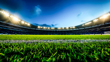 A vibrant soccer field with stadium lights aglow under an evening sky.の素材