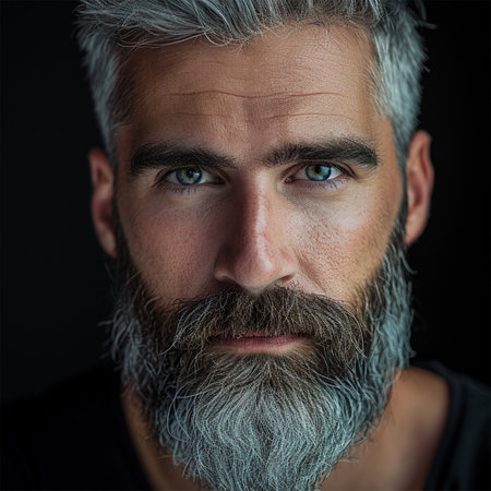 Close-up of a mature mans face with striking eyes.の素材