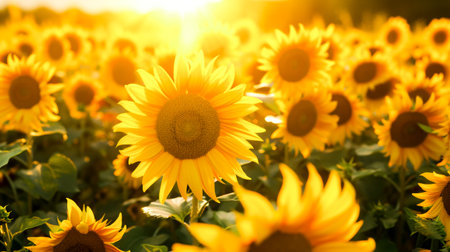 A bright field of sunflowers, bathed in the golden light of the setting sun.の素材