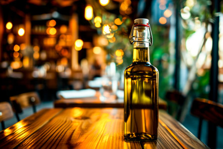 An elegant bottle of olive oil sits on a wooden table in a cozy restaurant setting with warm bokeh lighting.Restaurant menu design, culinary blog posts, food product advertising.の素材