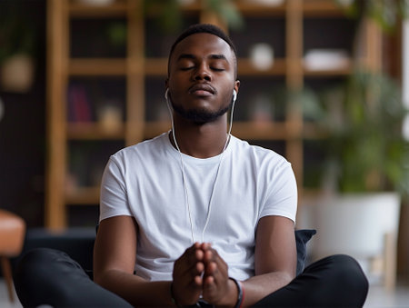A focused young man in a white shirt meditates indoors with his eyes closed and headphones on. Copy spaceの素材