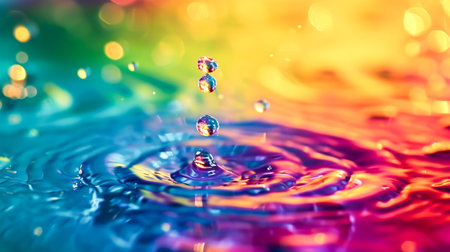 A drop of water creates ripples in a rainbow puddle.Ideal for artistic performances, science education or tranquil settings.の素材