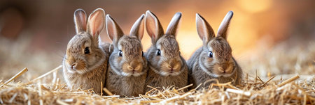 Adorable rabbits are sitting in the hay on a soft background.の素材