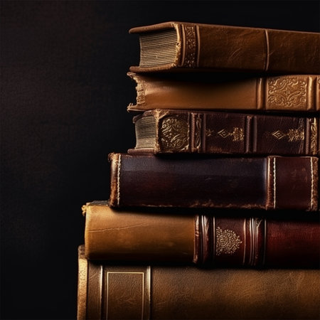 Timeless Leather-bound Tomes. A stack of vintage leather-bound books against a dark background, exuding old-world charm. Copy space.の素材