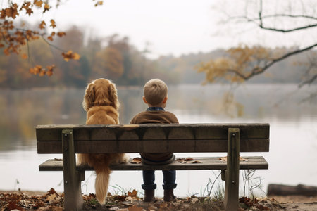 A child and a golden retriever are sitting on a bench, admiring the view of the lake in the silence of the autumn night.の素材