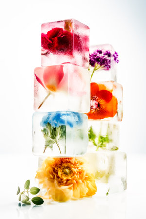 A tower of ice cubes with vibrant flowers encapsulated inside, showcasing a blend of nature and creative design.の素材