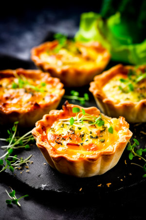 Mini Quiche Delights. Savory mini quiches served on a slate tray, topped with fresh herbs.の素材