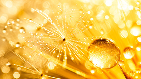Close-up of dew on a dandelion seed head with golden tones and bokeh effect, copy space.の素材