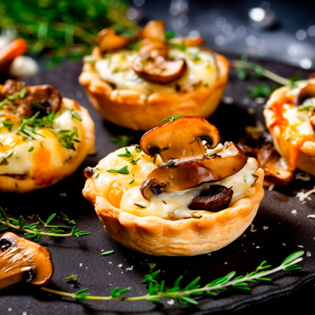 Savory mushroom pastries garnished with fresh herbs on a textured slate surface.の素材