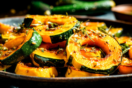 Roasted butternut squash and zucchini slices with herbs, seeds, and spices in a cast iron pan.の素材