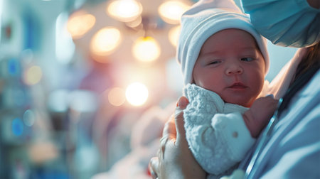 A newborn baby in a beanie is held carefully in a hospital setting, the lights overhead glowing softly.の素材