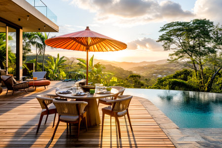 A luxurious poolside dining area with a stunning sunset view over a lush landscape. Copy spaceの素材