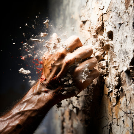A dynamic close-up of a chalked hand gripping a rugged surface, expressing power and determination.の素材