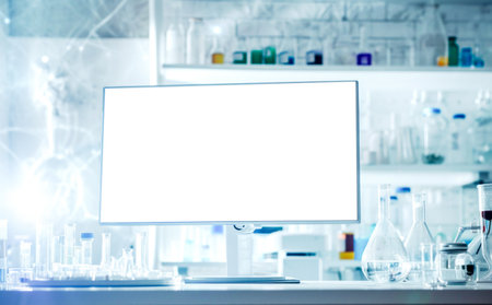 A bright, modern laboratory with a blank computer monitor in the foreground and scientific equipment in the background.の素材