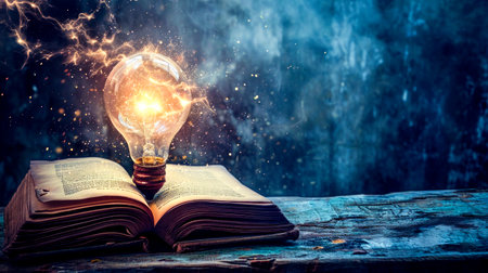 An open book with a glowing light bulb on it against a mystical blue background. Copy space.の素材