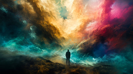 A solitary figure stands before an awe-inspiring cosmic cloud, a visual metaphor for contemplation and the sublime.の素材