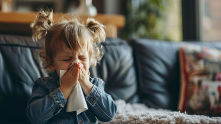 A toddler sneezes into a tissue, sitting comfortably on a cushioned couch.Toddlers Sneezing Momentの素材